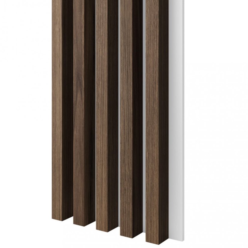 Akustický panel, podklad bílá MDF deska, široká lamela, ořech, 30x275 cm