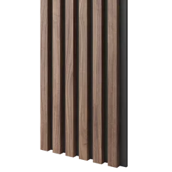 Akustický panel, podklad černá MDF deska, úzká lamela, dýha Americký ořech, 30x275 cm