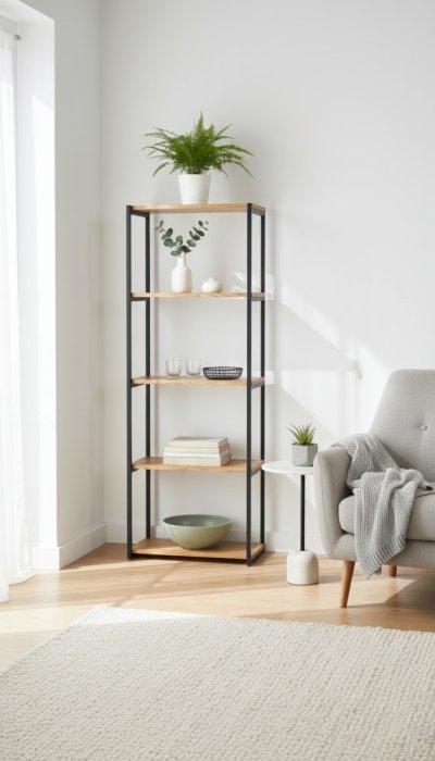 Regál Tower s masívnymi dubovými doskami