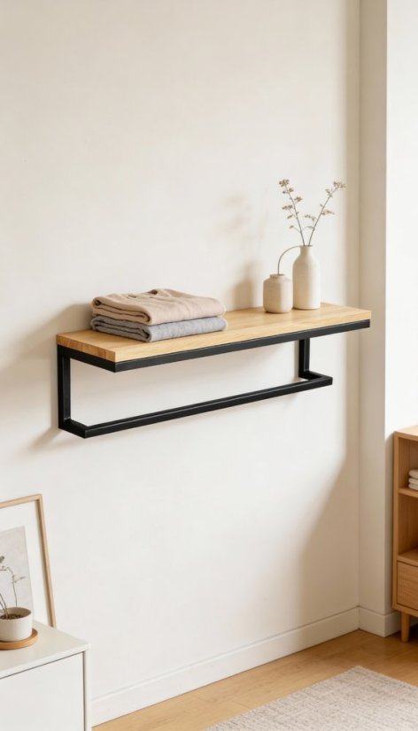 Nástenná polica s dubovou masívnou doskou do šatní a kúpeľní