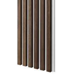 Akustický panel, podklad bílá MDF deska, úzká lamela, ořech, 30x275 cm