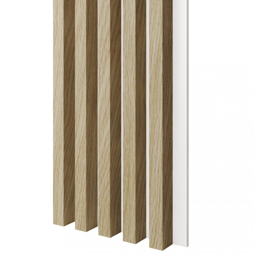 Akustický panel, podklad bílá MDF deska, široká lamela, Evropský dub, 30x275 cm