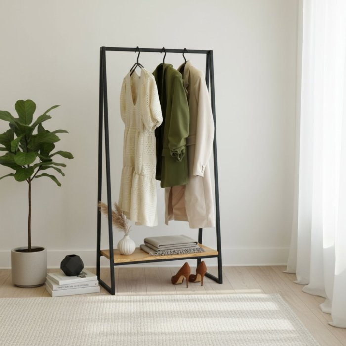 Kovový stojan na oblečenie Vito s masívnou dubovou doskou