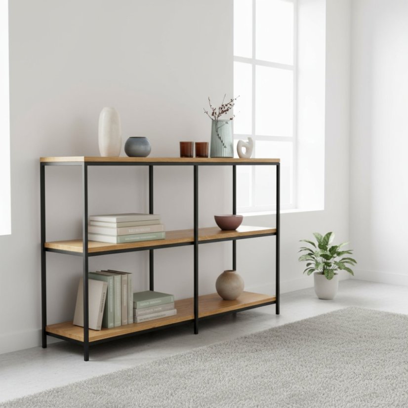 Kovový regál Trio s masívnymi dubovými doskami