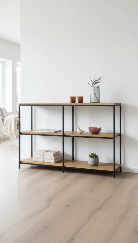 Kovový regál Trio s masívnymi dubovými doskami