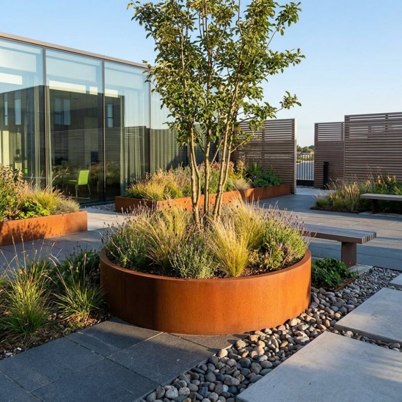 Cortenový vyvýšený záhon kulatý