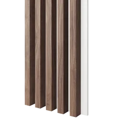 Akustický panel, podklad bílá MDF deska, široká lamela, dýha Americký ořech, 30x275 cm