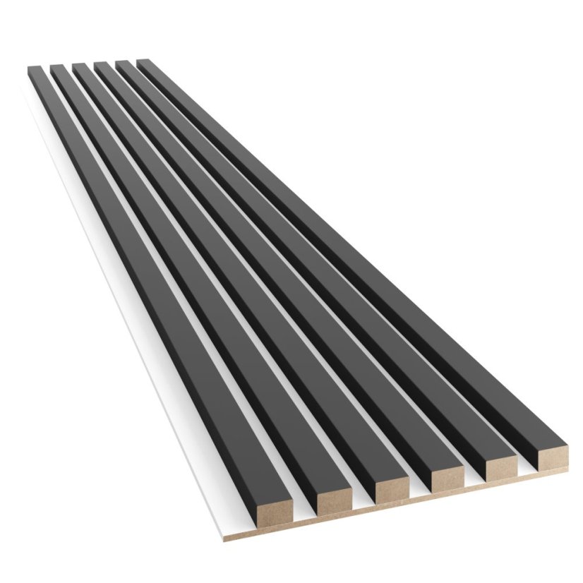 Akustický panel, podklad bílá MDF deska, úzká lamela, černý mat, 30x275 cm