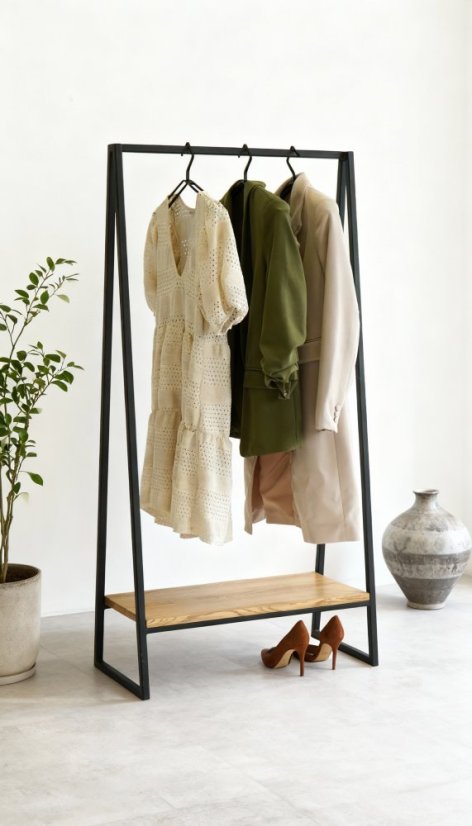 Kovový stojan na oblečenie Vito s masívnou dubovou doskou