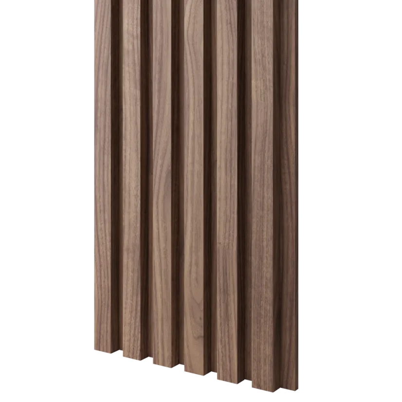 Akustický panel, podklad MDF deska, úzká lamela, celý panel - dýha Americký ořech, 30x275 cm