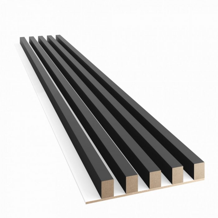 Akustický panel, podklad bílá MDF deska, široká lamela, černý mat, 30x275 cm