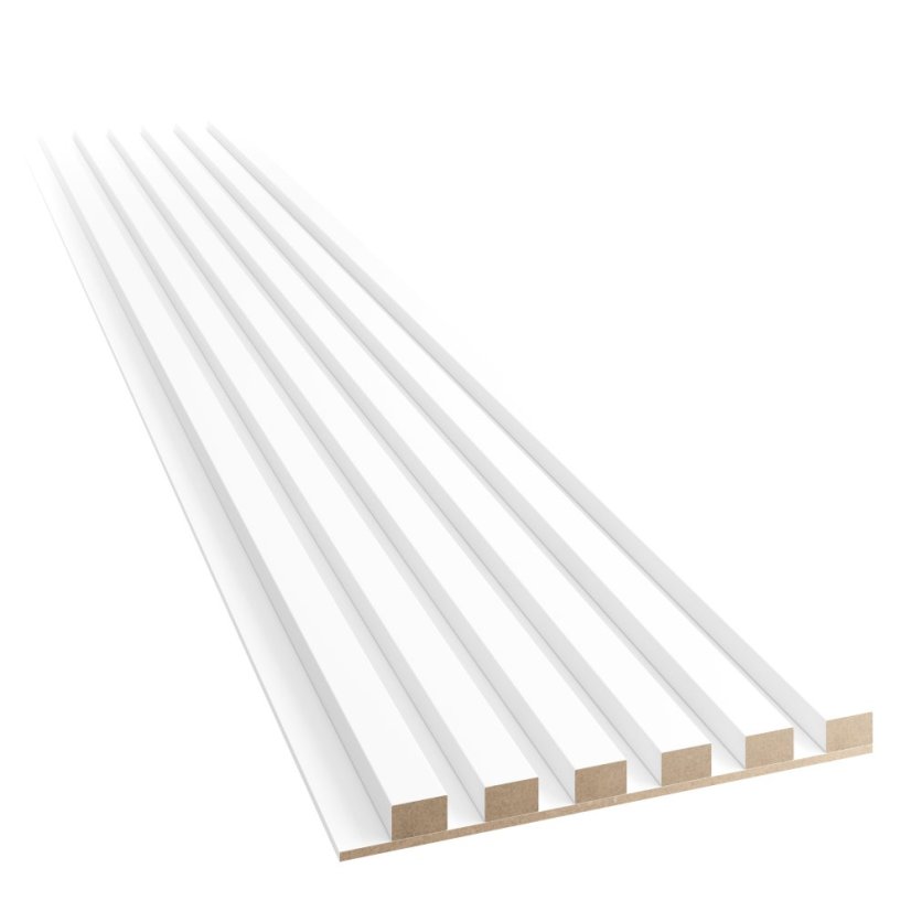 Akustický panel, podklad bílá MDF deska, úzká lamela, bílý mat, 30x275 cm