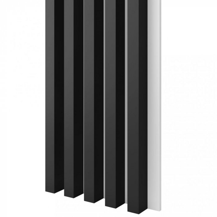 Akustický panel, podklad bílá MDF deska, široká lamela, černý mat, 30x275 cm