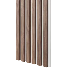Akustický panel, podklad bílá MDF deska, úzká lamela, dýha Americký ořech, 30x275 cm