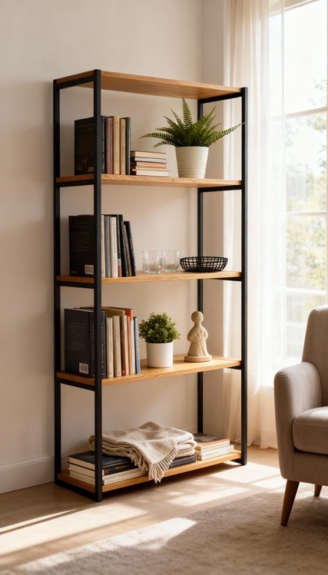 Regál Tower s masívnymi dubovými doskami