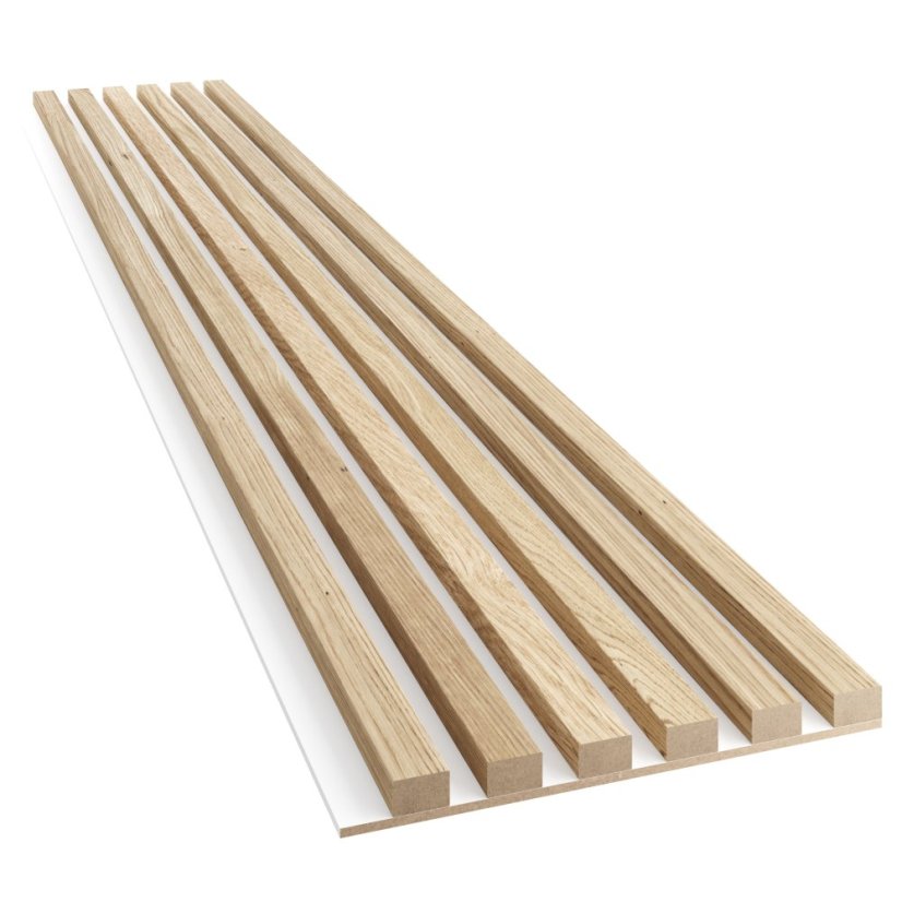 Akustický panel, podklad bílá MDF deska, úzká lamela, dubová dýha, 30x275 cm