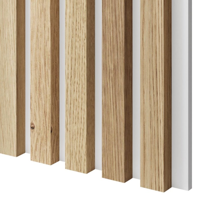 Akustický panel, podklad bílá MDF deska, úzká lamela, dubová dýha, 30x275 cm