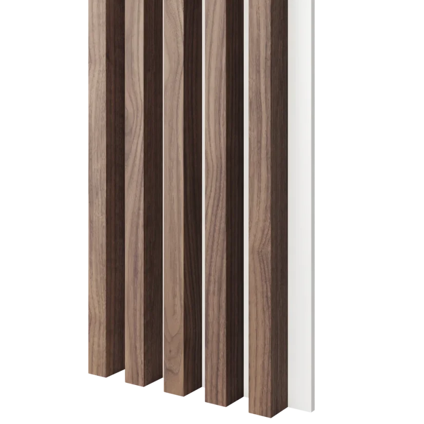 Akustický panel, podklad bílá MDF deska, široká lamela, dýha Americký ořech, 30x275 cm