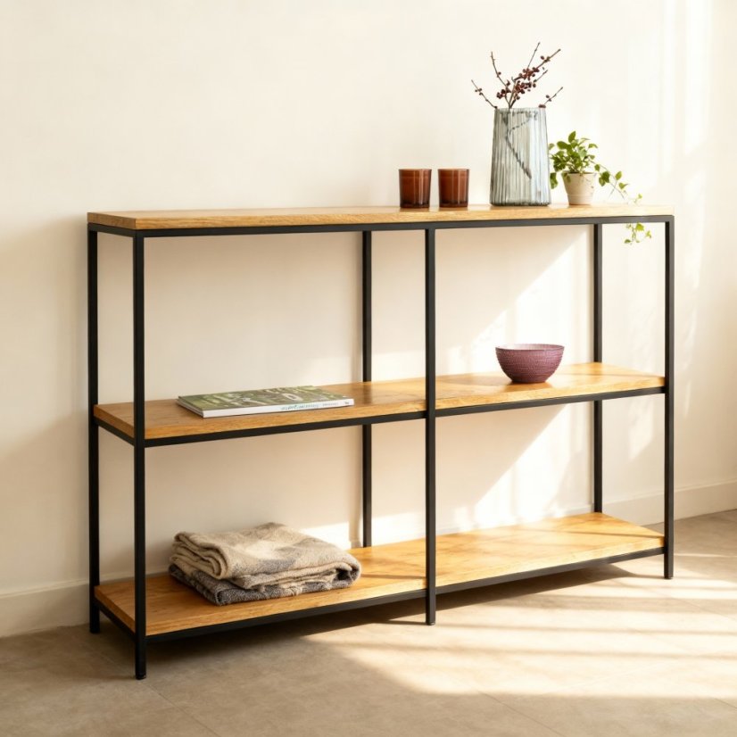 Kovový regál Trio s masívnymi dubovými doskami