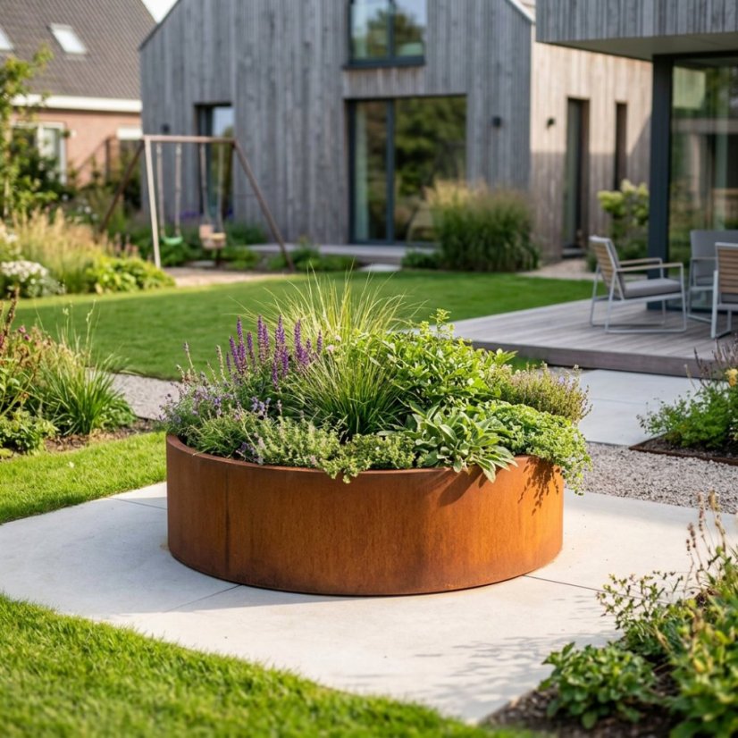Cortenový vyvýšený záhon kulatý