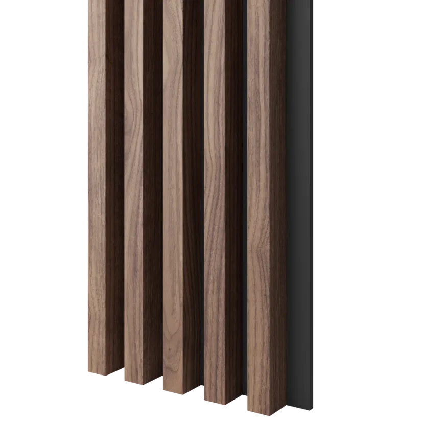 Akustický panel, podklad MDF deska, široká lamela, dýha Americký ořech, 30x275 cm