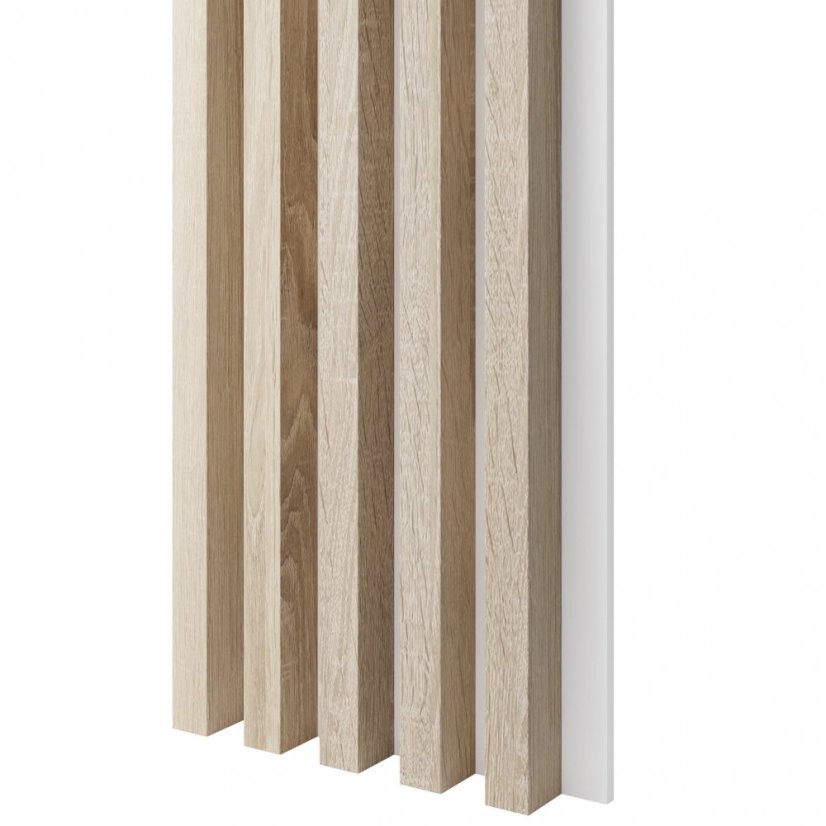 Akustický panel, podklad bílá MDF deska, široká lamela, dub Sonoma, 30x275 cm