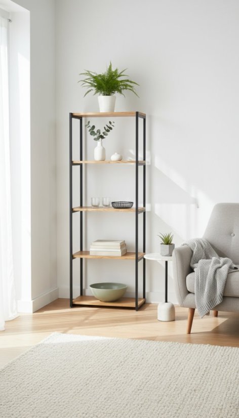 Regál Tower s masivními dubovými deskami